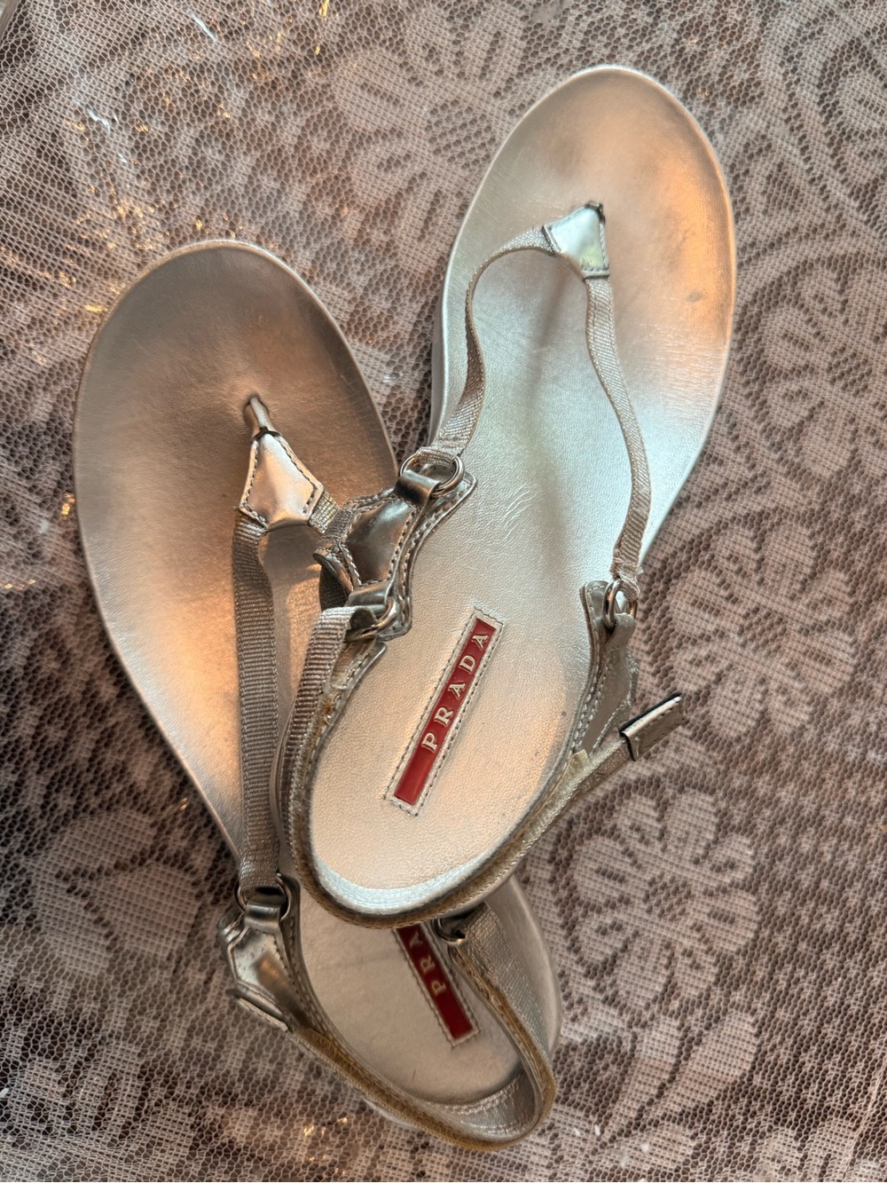 Prada Metallic Silver T-Strap Sandals